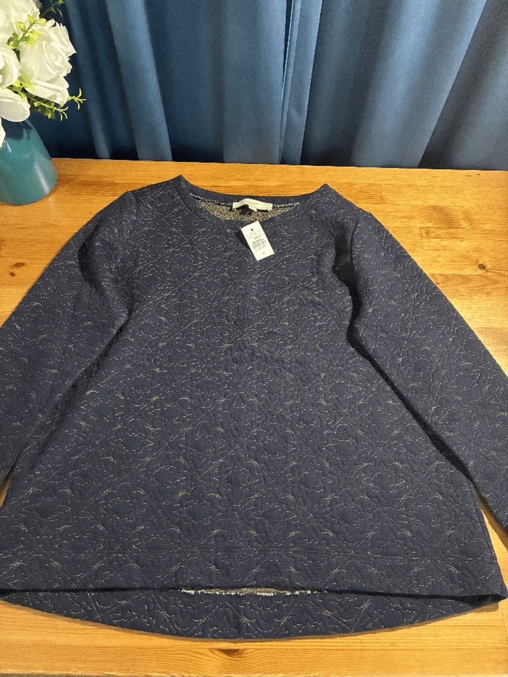 NWT LOFT Navy Gold Metallic Quilted Pullover Sweatshirt